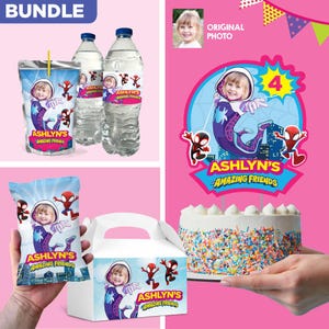 Bundle Gwen Stacy Party table, Gwen Stacy Cake Topper, Gwen Stacy snack label, Gwen Stacy Gwen Stacy Chip bags, Gwen Stacy Gable box. 2039B1
