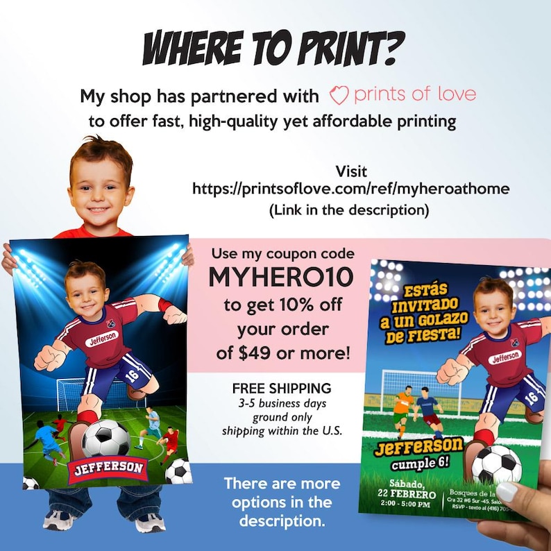 Op de afbeelding: Promotieafbeelding met uitnodigingen voor een feestje met voetbalthema. De uitnodigingen tonen een jongen in een voetbaltenue met de naam "Jefferson" en het nummer 16. De afbeelding bevat ook een couponcode "MYHERO10" voor 10% korting.