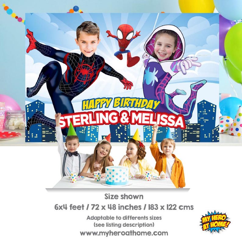 Op de afbeelding: Een verjaardagsachtergrond met Spider-Man en Spider-Gwen personages met de tekst "HAPPY BIRTHDAY STERLING & MELISSA". De achtergrond is 183 x 122 cm. De afbeelding bevat ook kinderen en een taart.