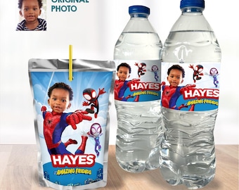 Personalized Spidey water wrappers with photo, Spidey juice drinks labels. 740WJ