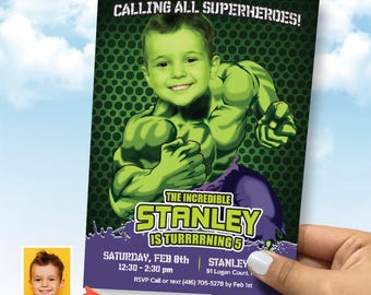Custom Hulk Birthday Party Invitation with kid as his favorite superhero. 089IN