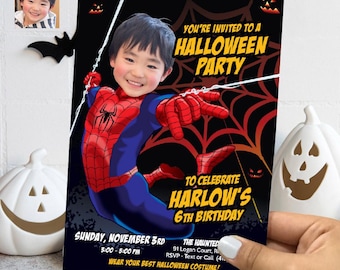 May include: A black and red Halloween party invitation with a Spiderman character. The invitation says "You're invited to a Halloween Party" and "To celebrate Harlow's 6th Birthday".