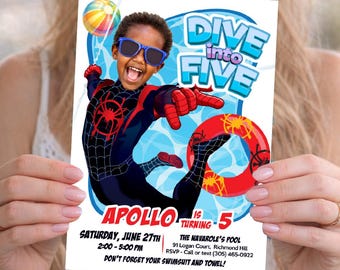 Custom Miles Morales Dive into Age Pool Party Invitation with photo (Digital, Printable) 2453IN2