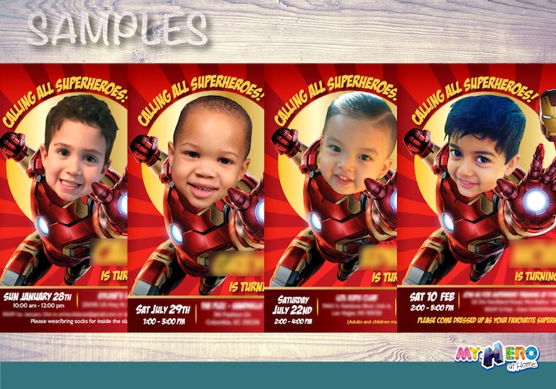 Puede incluir: Cuatro invitaciones imprimibles para una fiesta de cumplea&ntilde;os con tem&aacute;tica de superh&eacute;roes. Cada invitaci&oacute;n presenta la cara de un ni&ntilde;o diferente superpuesta al cuerpo de Iron Man. Las invitaciones son rojas, amarillas y naranjas con el texto "Calling all superheroes!" en la parte superior.