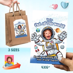 May include: A Valentine's Day card and gift bags featuring a child in an astronaut suit with the text "You're Out of this world!" and "Happy Valentine's Day!" The card is 4x6 inches. The gift bags come in 3 sizes.