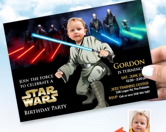 Personalized Jedi Birthday Invitation with kid as the star, Custom Star Wars Theme. 013IN