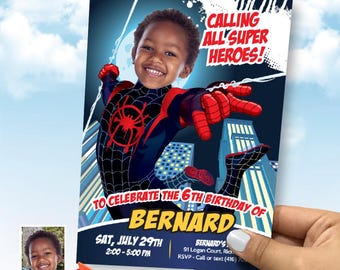 Miles Morales Party Invitation with birthday boy as the star, Spideverse theme party. 399IN