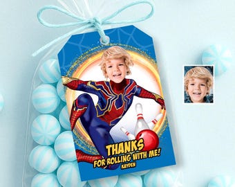 Iron Spiderman Bowling Party Thank You Favor Tags with Child as the Star. 576TY