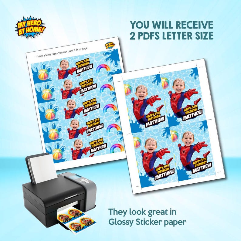 K&ouml;nnte beinhalten: Zwei B&ouml;gen bedruckter Aufkleber mit einem Kind als Superheld, mit dem Text "HAPPY 5TH BIRTHDAY MATTHEW". Das Bild enth&auml;lt einen Drucker und den Text "YOU WILL RECEIVE 2 PDFS LETTER SIZE". Die Aufkleber sind f&uuml;r den Druck auf gl&auml;nzendem Aufkleberpapier konzipiert.