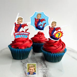 Custom Spiderman Cupcake Toppers with your child as his favorite superhero, Spiderman Party desserts, Spiderverse cupcake toppers. 978CK