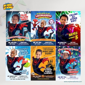 Pu&ograve; includere: Una collezione di sei modelli di invito di compleanno personalizzati con un bambino in costume da supereroe. Ogni design include grafiche a tema come paesaggi urbani, ragnatele, elementi per feste in piscina, motivi di Halloween e luci natalizie.