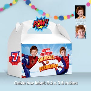 Étiquette personnalisée de boîte à pignon de Spiderman 2 enfants avec photos, boîte gif Spiderman commune avec photos, boîte Spiderverse 2 frères et sœurs, cadeaux. 2270 Go