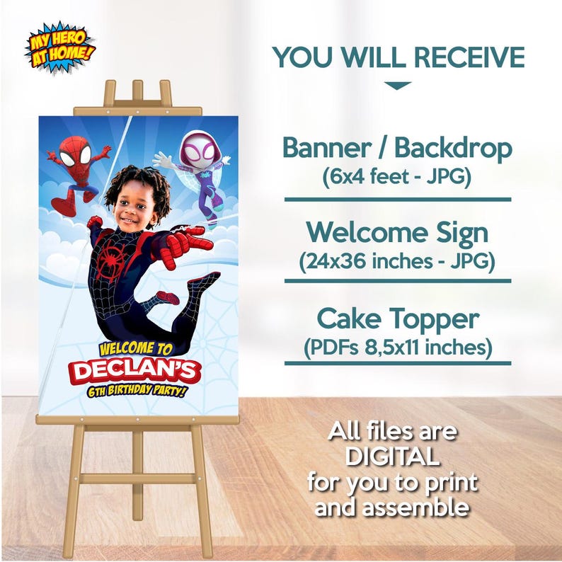 May include: A personalized birthday party banner on an easel. The banner features a child dressed as a superhero, with the text "WELCOME TO DECLAN'S 6TH BIRTHDAY PARTY!". The image also includes a welcome sign (24x36 inches) and a cake topper.