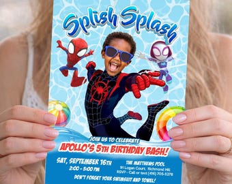 Personalized Miles Morales Splash Birthday Party Invitation with photo. 2453IN3