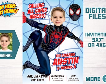 Custom Miles Morales birthday Invitation with your photo, Personalized Miles Morales party invitation, Miles Morales digital invitation. 662