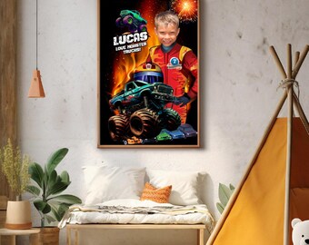 写真と名前入りのカスタムプリントモンスタートラックギフト、モンスタージャム子供部屋。2177