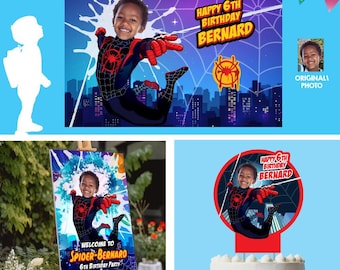 Bundle Miles Morales theme birthday decor, Spiderverse theme party, Custom banner backdrop. 399B4