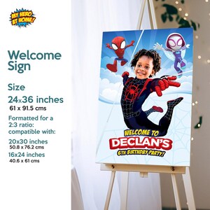 May include: A welcome sign featuring a child dressed as Spider-Man, with the text "WELCOME TO DECLAN'S 6TH BIRTHDAY PARTY!" The sign is 24x36 inches (61 x 91.5 cm) and formatted for a 2:3 ratio.