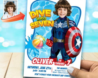 Personalized Captain America Dive into Age Pool Party with photo. 697BIN