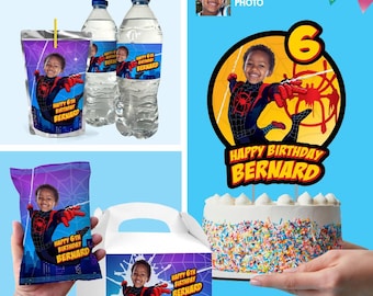 Bundle Spiderverse Party table with kid as Miles Morales: cake, favors, drinks, Chips. 399B1