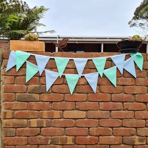 Pastel blue mint Bunting. Double sided Fabric blue green garland bunting 3m with white trim