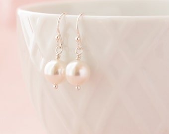 Everyday Silver Pearl Drop Earrings, Bridesmaid Gift, Bridal Jewelry, Bridal Gift, Wedding Earrings Pearl Jewelry, Pearl Earrings, 8mm