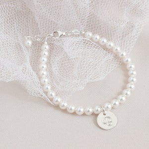 White Pearl Flower Girl Bracelet, Flower Girl Initial Bracelet, Brides Girl Pearl Gift, Pearl and Silver Flower Girl Bracelet, Gift for Girl