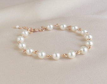 Rose Gold Pearl Bracelet, Bride Bracelet, Wedding Jewelry, Pearl Bracelet, Bridal White Pearl Bracelet, Bridesmaid Gift, Bridesmaid Jewelry