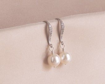 Pearl Earrings, Sterling Silver Wrapped White Pearl Earring, Wedding Bridal Jewelry, Silver Earrings, Bridal Party, Bridesmaids, Brides Gift