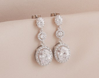 Silver Oval Stud Earrings, Silver Dangle Earring, Bridal Wedding Jewelry, Bride Earrings, Wedding Earring Jewelry, Silver Oval Earrings