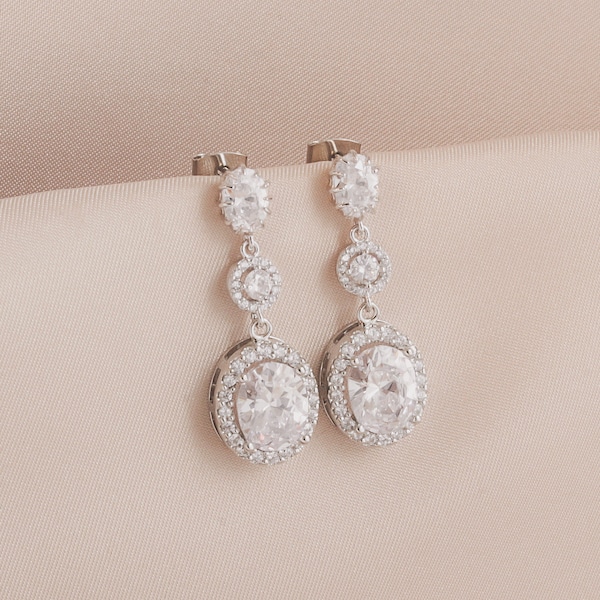 Silver Oval Stud Earrings, Silver Dangle Earring, Bridal Wedding Jewelry, Bride Earrings, Wedding Earring Jewelry, Silver Oval Earrings