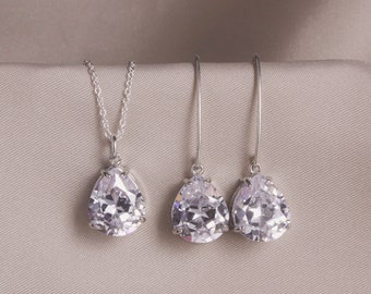 Silver Dangle Marquise Earring Necklace Set, Wedding Jewelry for Bride, Marquise Silver Crystal Set, Long Crystal Earring Bridesmaid Jewelry