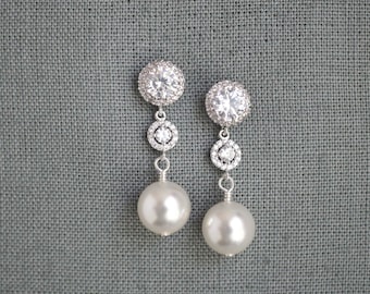 Wedding Jewelry for Brides, White Pearl Wedding Earrings, Bride Pearl Silver Post Earrings, Bridal Gift, Wedding Earrings, Pearl Jewelry