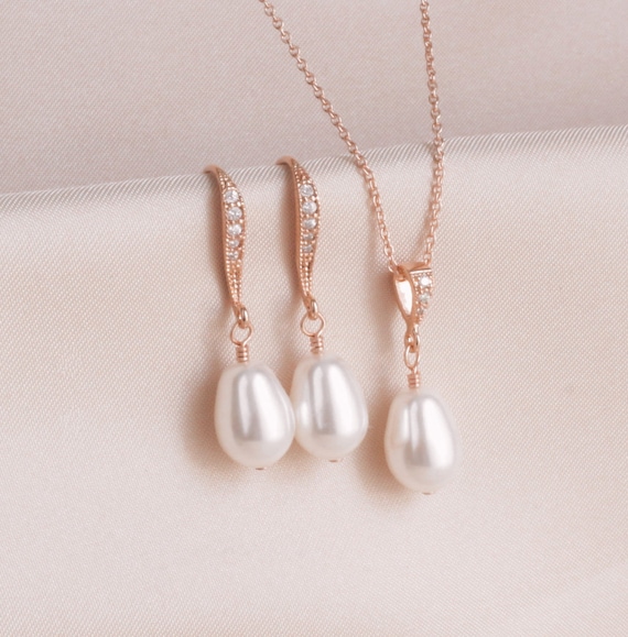 Pearl Earring, White Pear Pearl Rose Gold Earring Necklace SET, Pearl Wedding Jewelry Gift, Bridal Pearl Jewelry, Wedding Pearl Jewelry SET