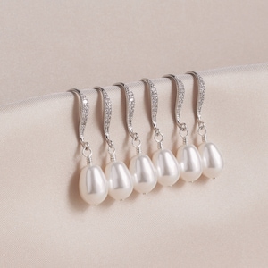 Bridesmaid Sets of 2 3 4 5 6, Silver Pearl Earrings, Silver Pear Pearl Silver Earrings, Bridesmaids Gift, Brides Earring Gift, Bridal Gift