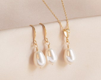 White Pear Pearl Gold Earring Necklace SET, Pearl Wedding Jewelry Gift, Bridal Pearl Jewelry, Wedding Pearl Earring Necklace Jewelry SET