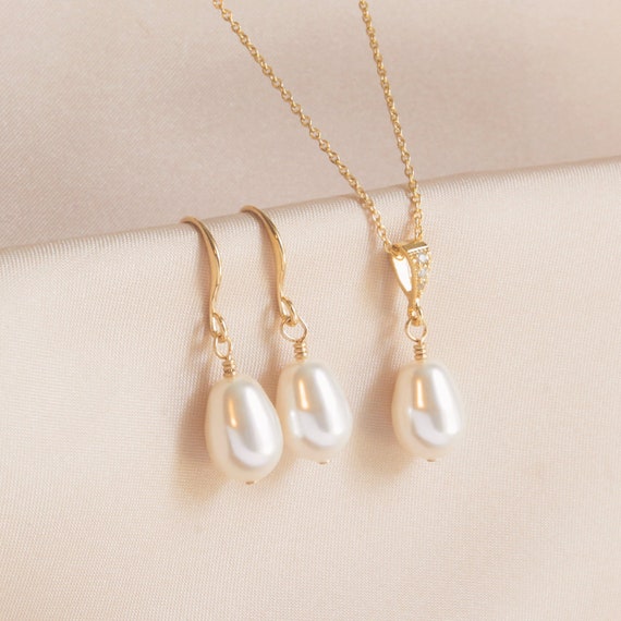 White Pear Pearl Gold Earring Necklace SET, Pearl Wedding Jewelry Gift, Bridal Pearl Jewelry, Wedding Pearl Earring Necklace Jewelry Set, S