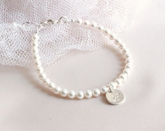 White Pearl Flower Girl Bracelet, Flower Girl Initial Bracelet, Brides Girl Pearl Gift, Pearl and Silver Flower Girl Bracelet, Gift for Girl