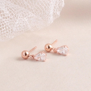 Dainty Rose Gold Tiny Crystal Teardrop Post Earring, Tiny Dainty Minimalist Earring Gift, Dainty Wedding Stud Earring, Flower Girl Earrings