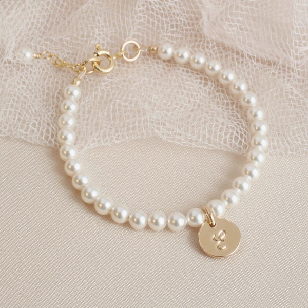 Flower Girl Initial Bracelet Gift, White Pearl Flower Girl Bracelet, Bride's Girl Gift, Pearl Gold Flower Girl Bracelet, Flower Girl Gift