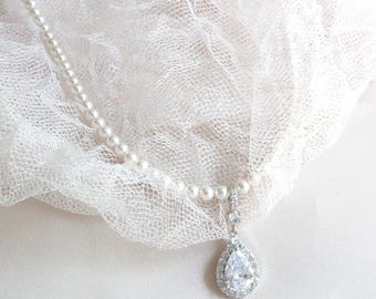Silver and White Pearl Necklace, Pearl Jewelry, Wedding Jewelry for Bride, Wedding Silver Teardrop Pearl Necklace, Bridal Pearl Necklace, 4