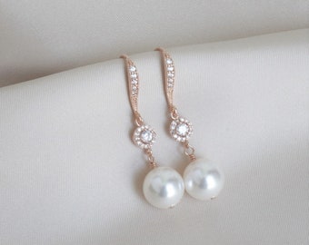 Pearl Rose Gold Dangle Earrings, Pearl Jewelry, Rose Gold Pearl Wedding Earring, Rose Gold Dangle Pearl Earrings, Pearl Wedding Jewelry 10mm