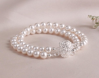 Double Strand Pearl Bridal Bracelet, Silver Gold Pearl Bracelet, Wedding Bridal Jewelry, Two Strand Pearl Bracelet Pearl Jewelry, 6mm