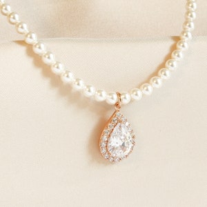 Pearl Wedding Jewelry for Brides, White Pearl Necklace, Wedding Jewelry, Crystal Necklace, Rose Gold Necklace, Pearl Wedding Necklace 4