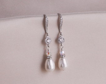 Bride Pearl Earring, Silver Dangle Pearl Earrings, Bridal Long Earrings, Wedding Jewelry for Brides, Brides Jewelry, Crystal Dangle Earrings