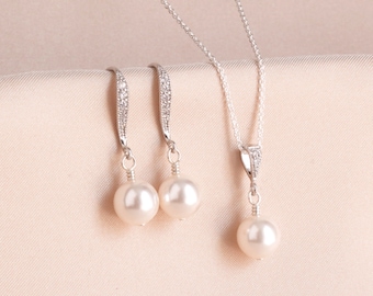 White Pearl Earring and Necklace SET, Pearl Earring, Silver Wedding Jewelry for Bride, Bridal Party Jewelry Gift, Bridesmaid Pearl Jewelry 8