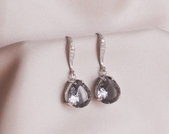 Charcoal Gray Glass Dangle Silver Earrings - Bridal Party Gift, Bridesmaid Gift, Wedding Bridal Gift, Bridal Jewelry Gift, Bride's Gift