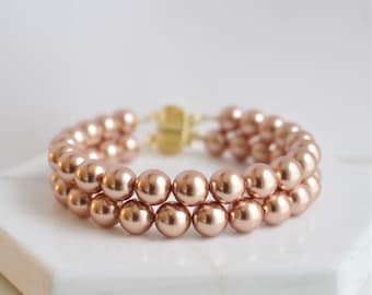Double Strand Pearl Bracelet, Wedding Bridal Pearl Jewelry, Multi Strand Pearl Bracelet, Wedding Bride Jewelry, 2 Strand Pearl 8mm Bracelet