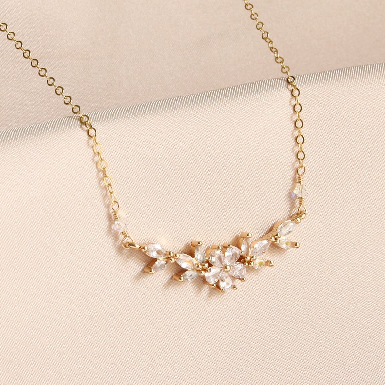 Gold Crystal Flower Necklace, Wedding Gold Crystal Necklace, Gold Bridal Jewelry, Gold Bridal Necklace, Bridal Necklace, Gold Flower Jewelry image 2