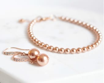 Rose Gold Pearl Dangle Earring Bracelet Set, Jewelry for Brides, Bridal Party Gift Set, Bridesmaids Rose Gold Set, Bride's Jewelry Gift